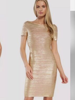 Herve Leger Gold Metallic Bandage Dress | Boat Neck | Short Sleeve | Size M